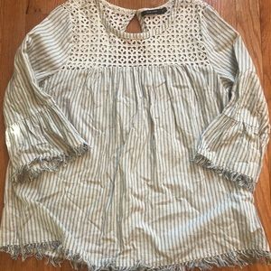 Doe & Rae 100% Cotton 3/4 Sleeve Blue/Cream Top M